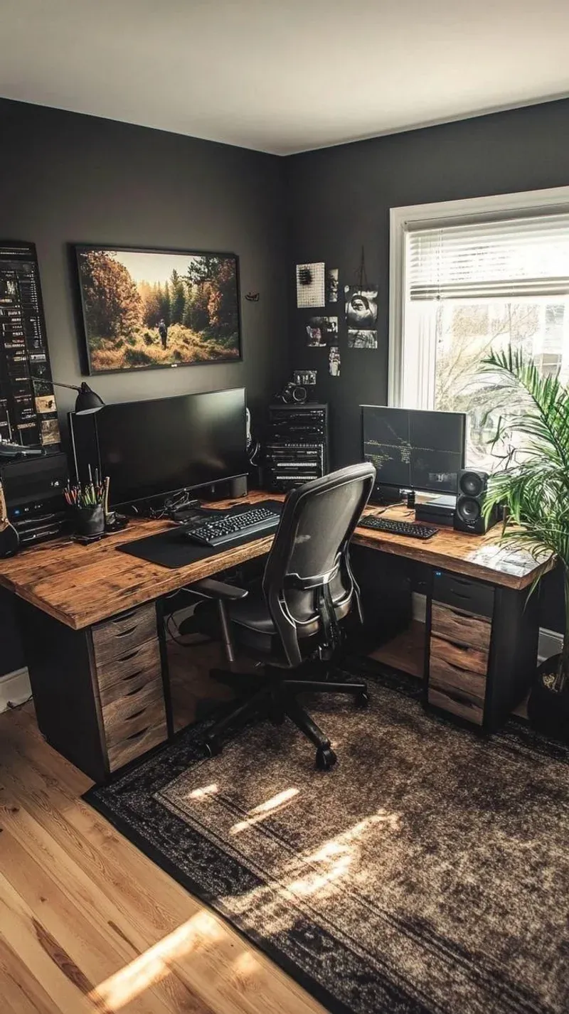 Dark home office with L-shaped live-edge desk and dual monitors