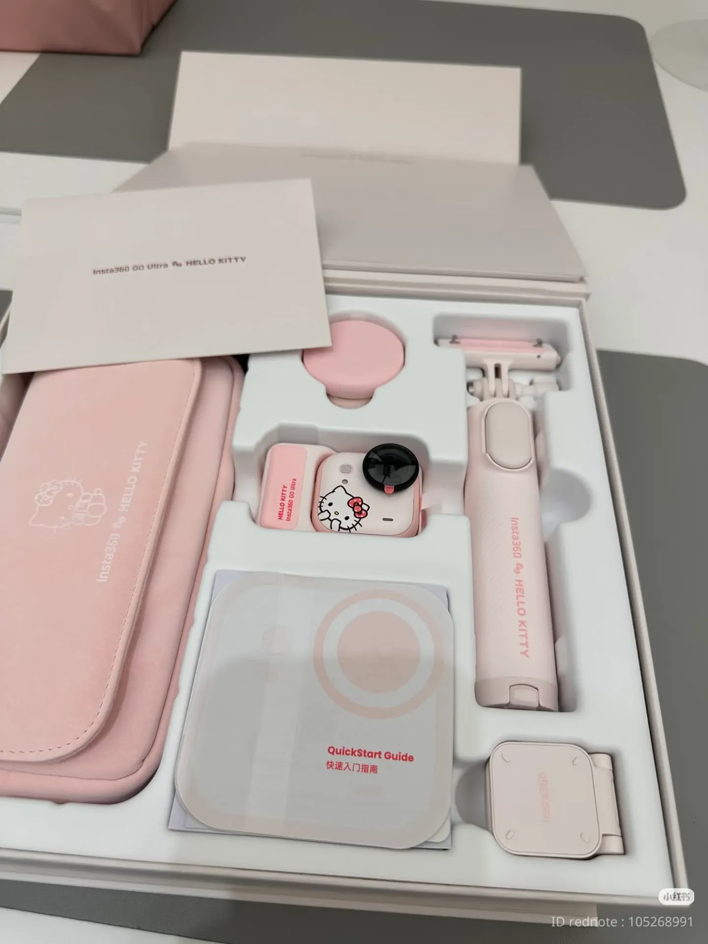 Insta360 GO Ultra Hello Kitty gift box contents laid out