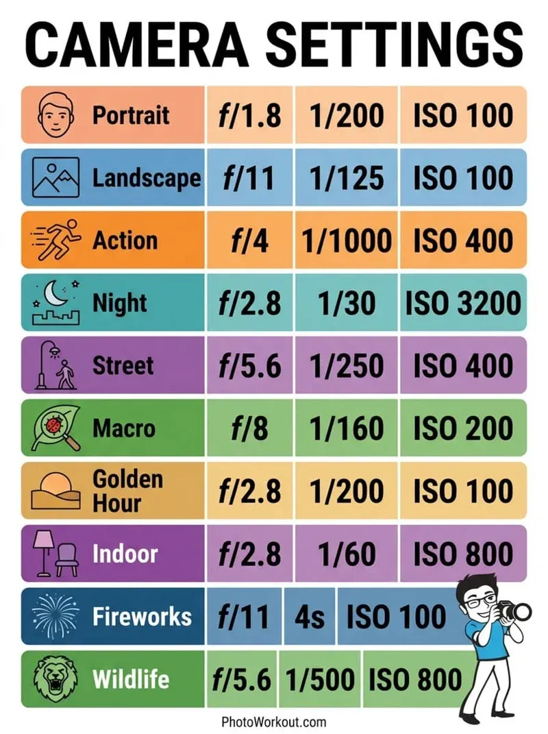 Camera settings cheat sheet with ten scenes and exposure triangles