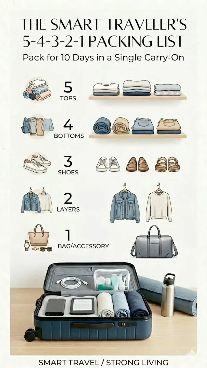 Smart traveler 5-4-3-2-1 packing list showing all categories