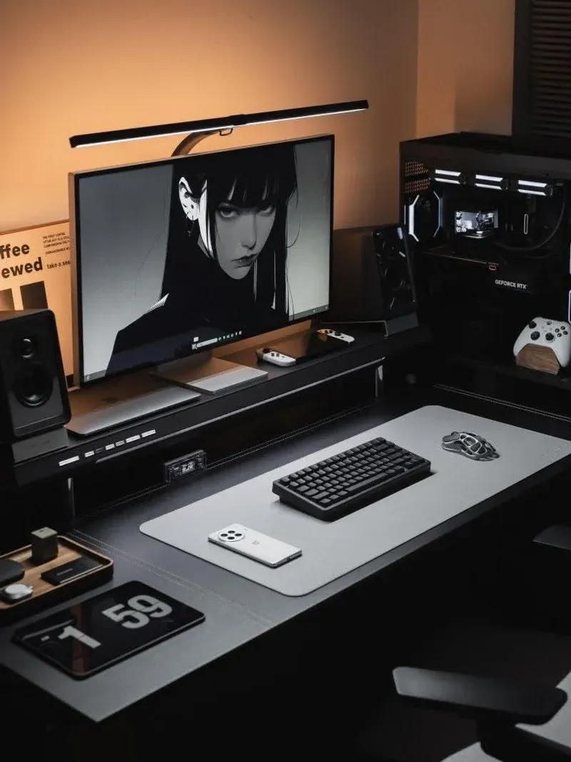 Black battlestation with monitor light bar and riser shelf
