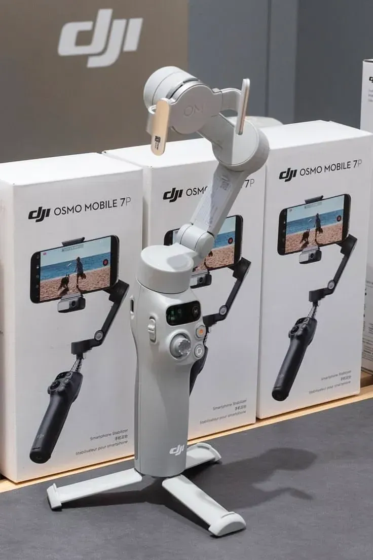 DJI Osmo Mobile 7P Smartphone-Gimbal auf seinem eingeklappten Mini-Stativ vor Retail-Boxen