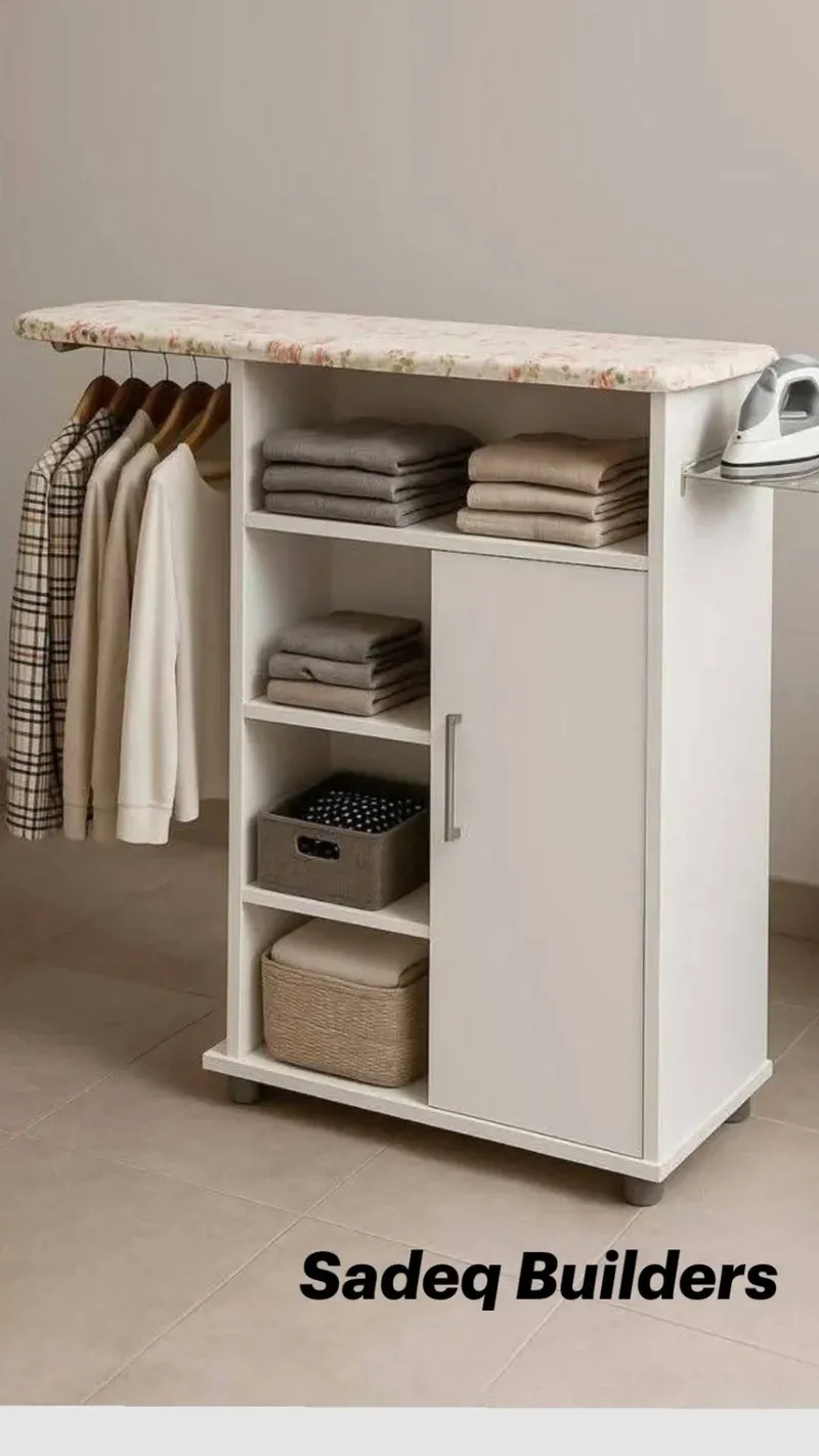Ironing board storage cabinet showing all features — shelves, cabinet, hanging rail, iron holder