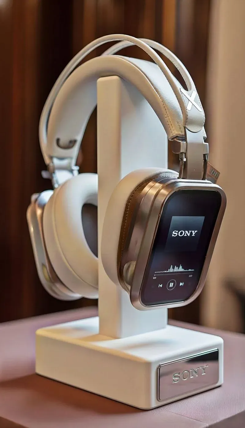 White pedestal stand displaying premium headphones