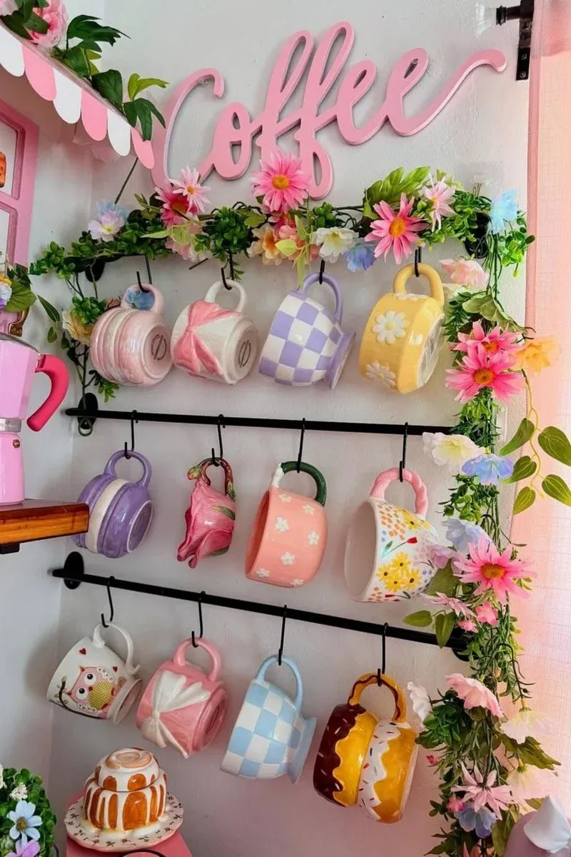 Wall-mounted mug rack showing the 3-tier rail system with hooks