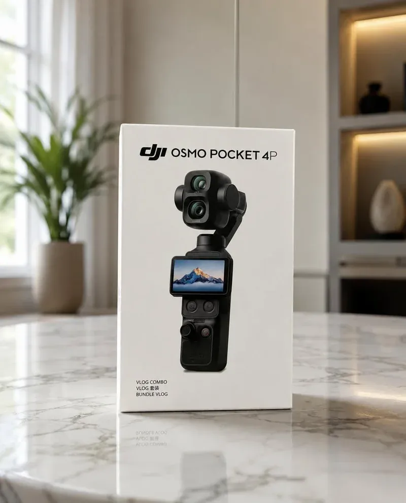DJI Osmo Pocket 4P Vlog-Combo Verpackung auf Marmortisch