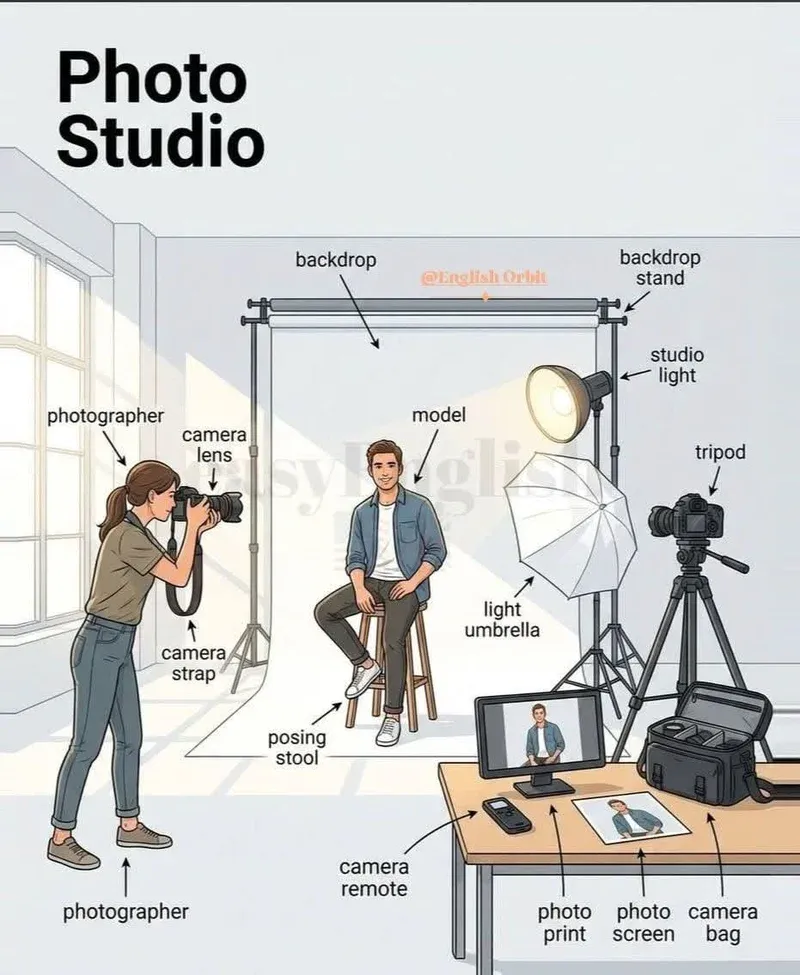 Photo studio setup diagram with labeled equipment positions