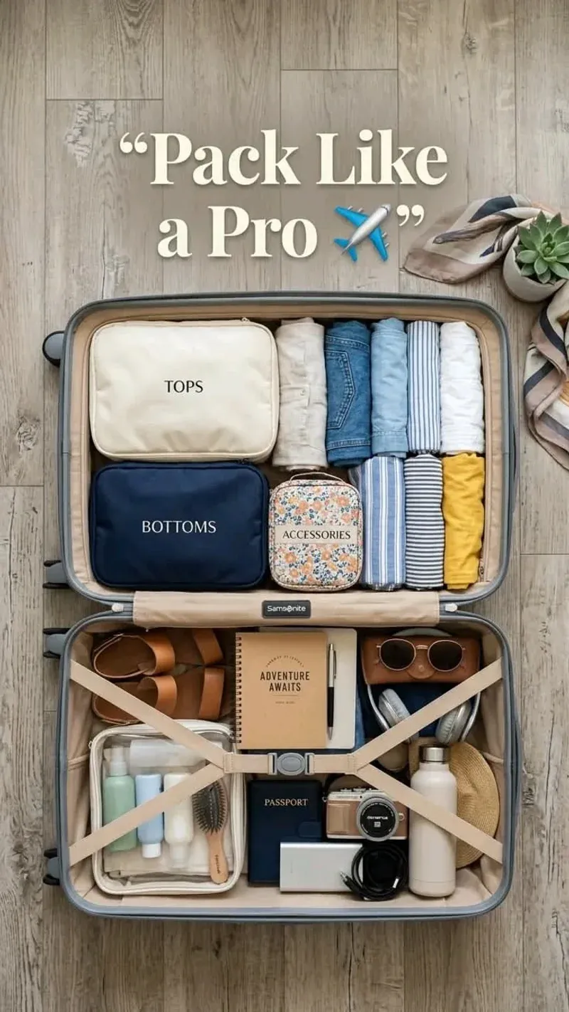 Packing cubes arranged in a suitcase showing the labeled compartments