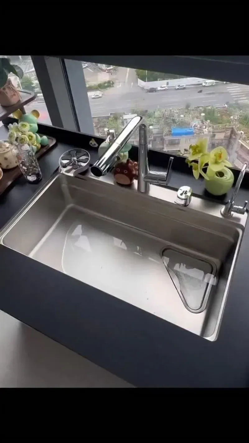 Stainless steel kitchen sink showing the built-in accessories and pull-out faucet