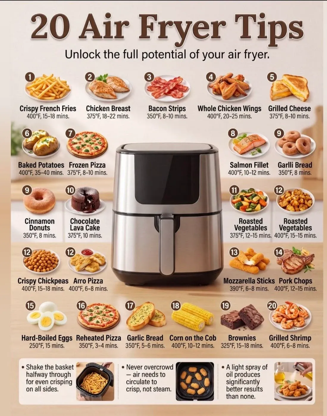 Complete air fryer tips infographic with the fryer, 20 foods, and three habits