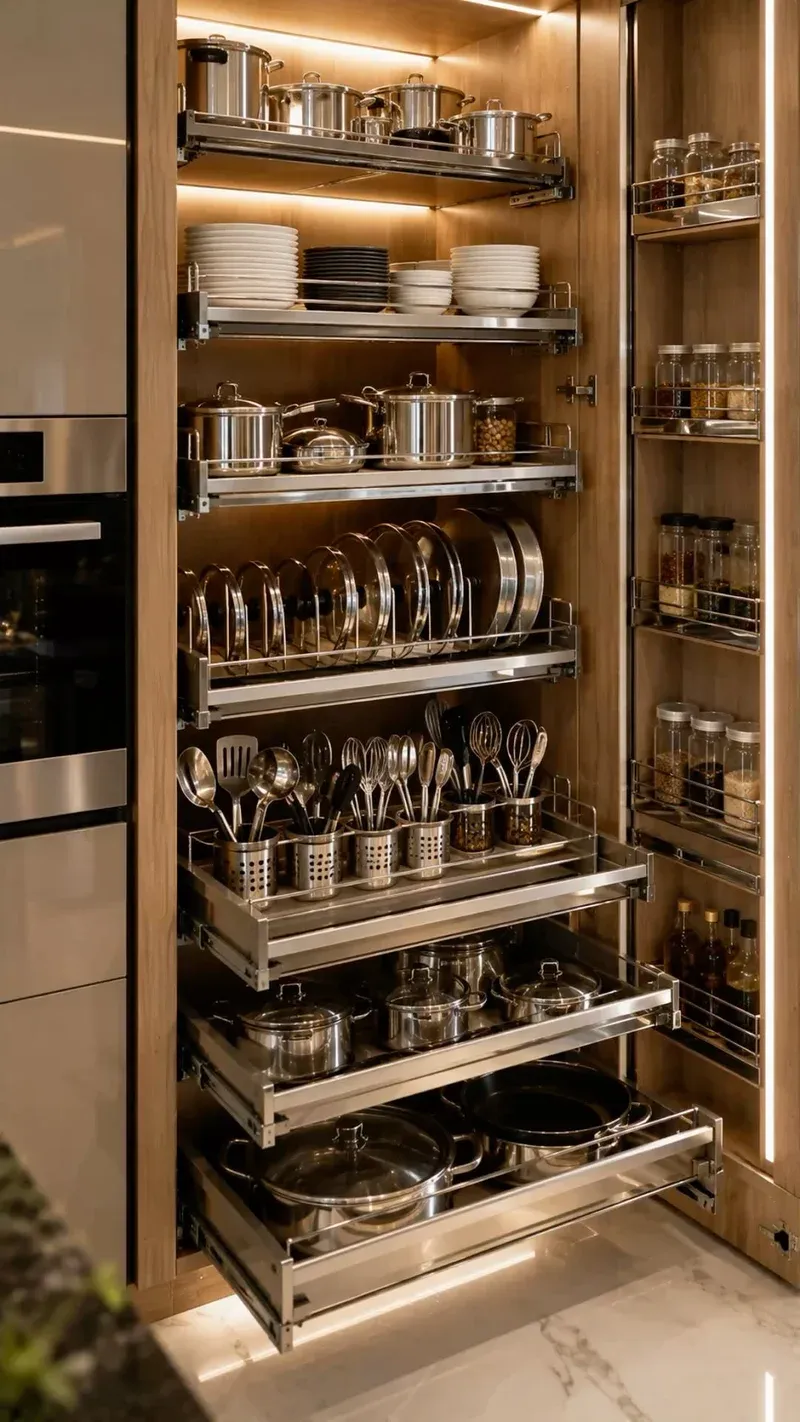 Kitchen pull-out pantry showing the sliding shelves extended with organized contents