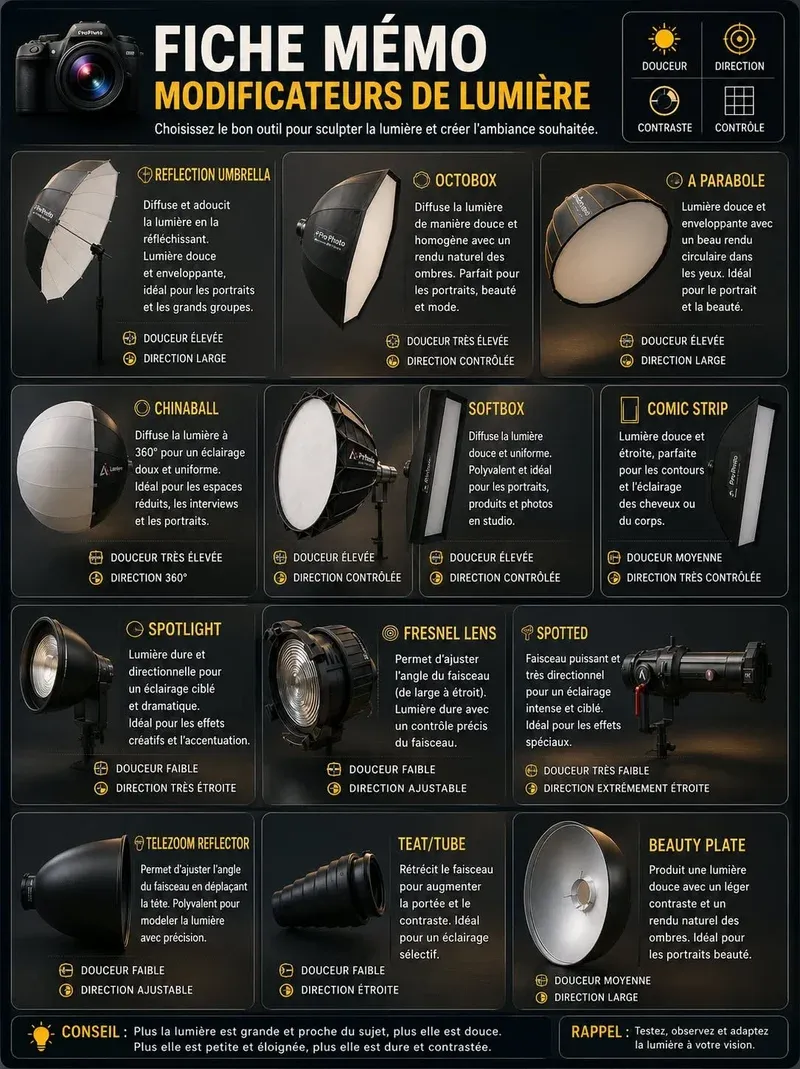 Licht-Modifier-Spickzettel mit Parabol, Octabox und Softbox