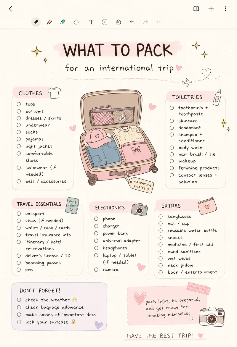 International trip packing checklist showing the Clothes and Toiletries categories