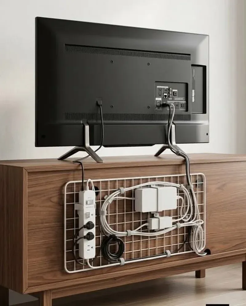 Wire grid cable management showing power strip and cables organized on the panel