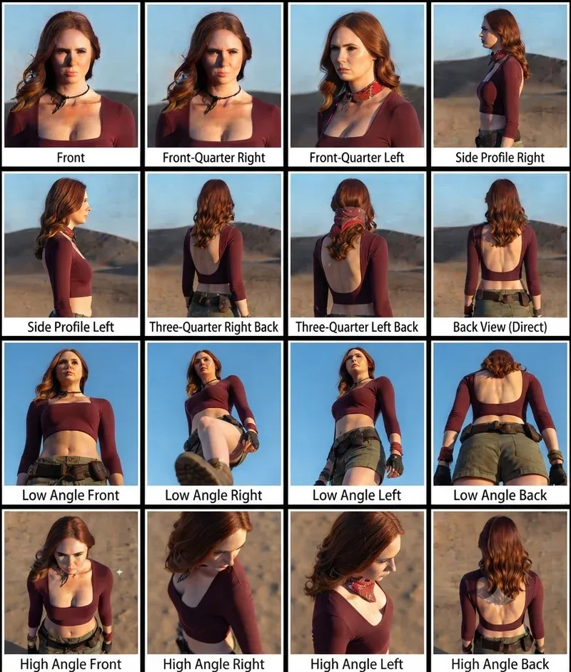 Reference sheet showing one model photographed from sixteen labeled portrait angles