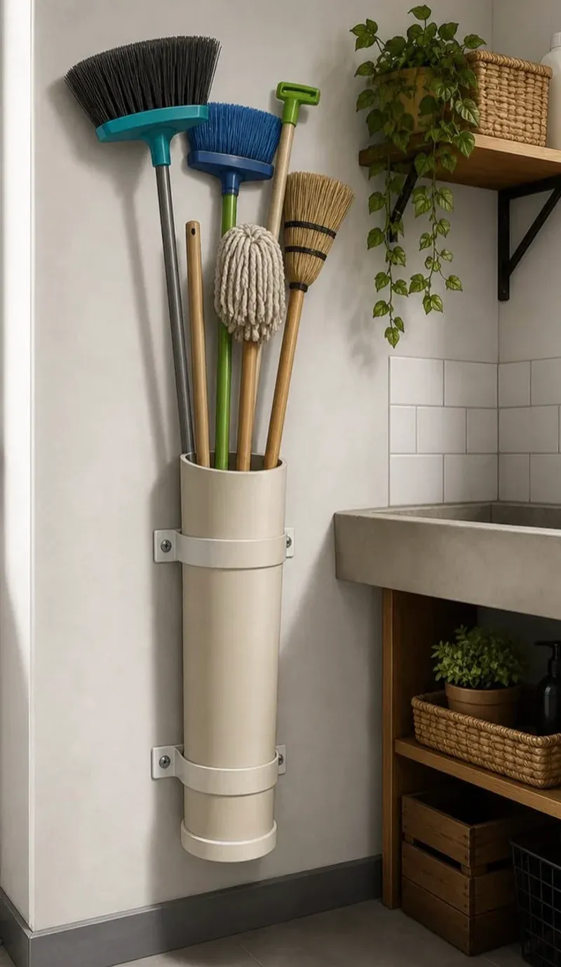 Wall-mounted broom holder showing multiple cleaning tools stored upright