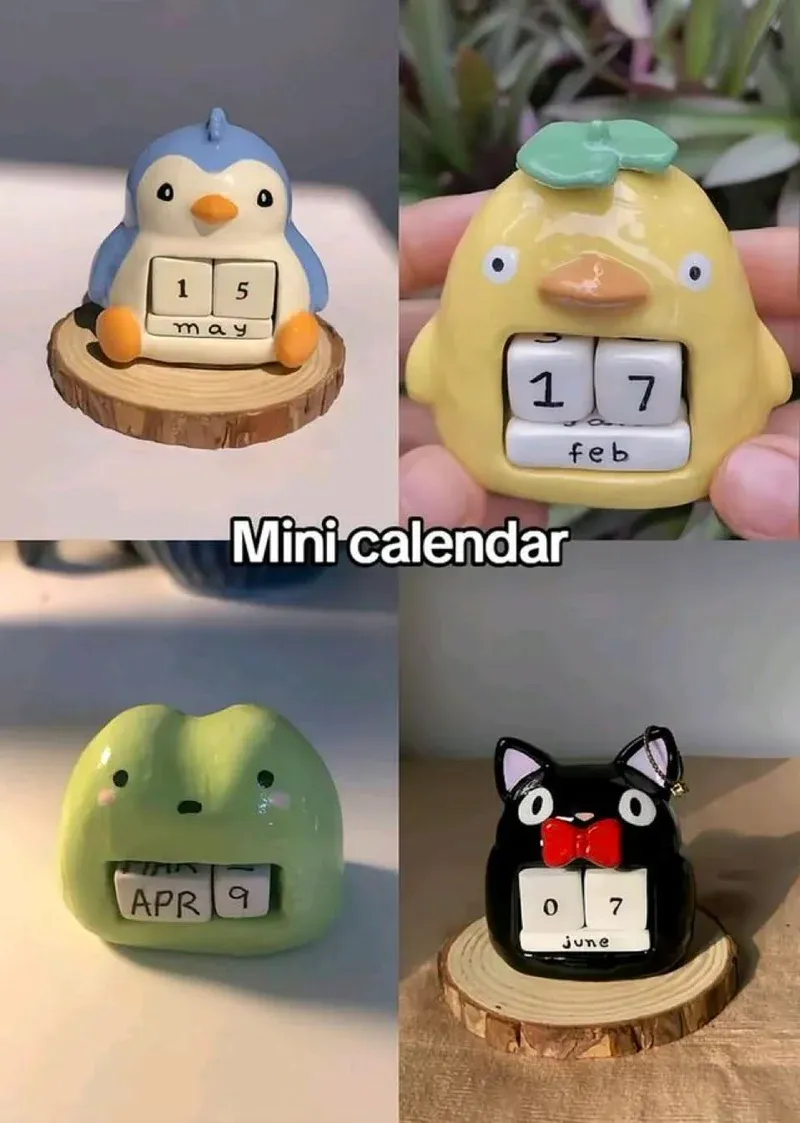 Four ceramic animal perpetual calendars — penguin, duck, frog, and cat