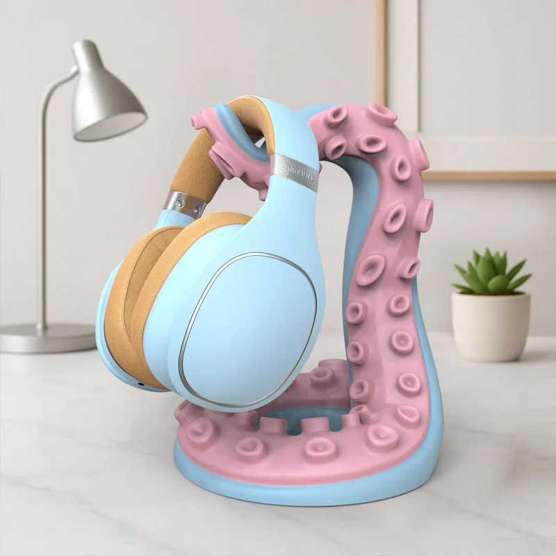 Pink and blue octopus tentacle stand holding pastel over-ear headphones