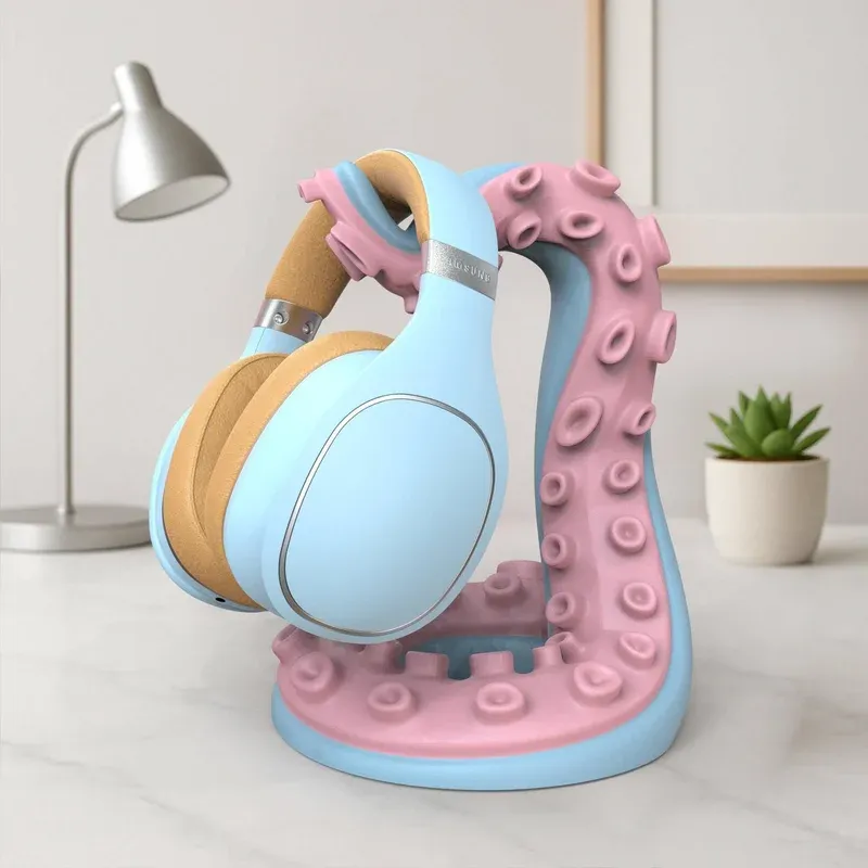 Octopus tentacle headphone stand holding blue pastel headphones on a white desk