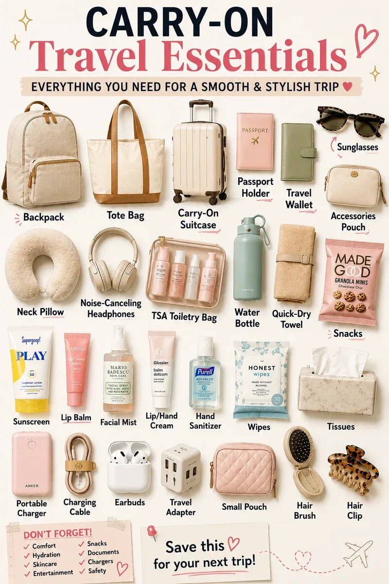 Carry-on travel essentials laid out showing the complete kit