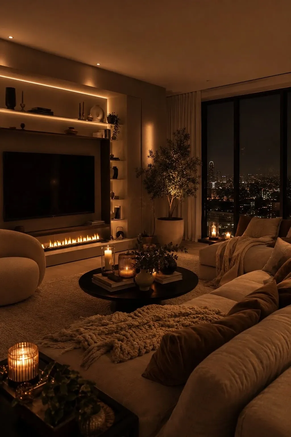 Full evening living room with warm LED shelf coves, fireplace, candles, and lit olive tree