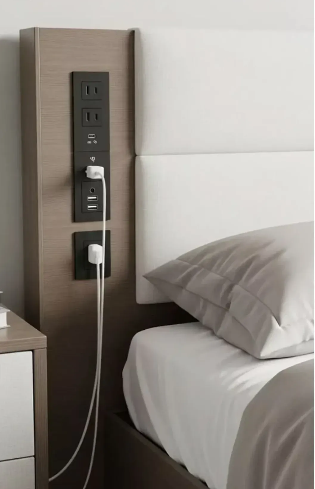 The charging niche concept: black panel with two sockets, a USB-C and USB-A port and a second concealed outlet below, built into the headboard wall