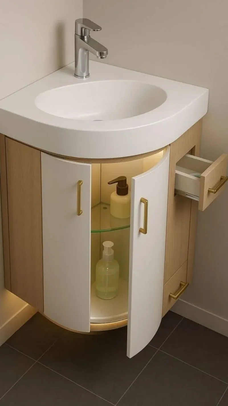 Corner bathroom vanity showing the curved doors and interior with LED lighting