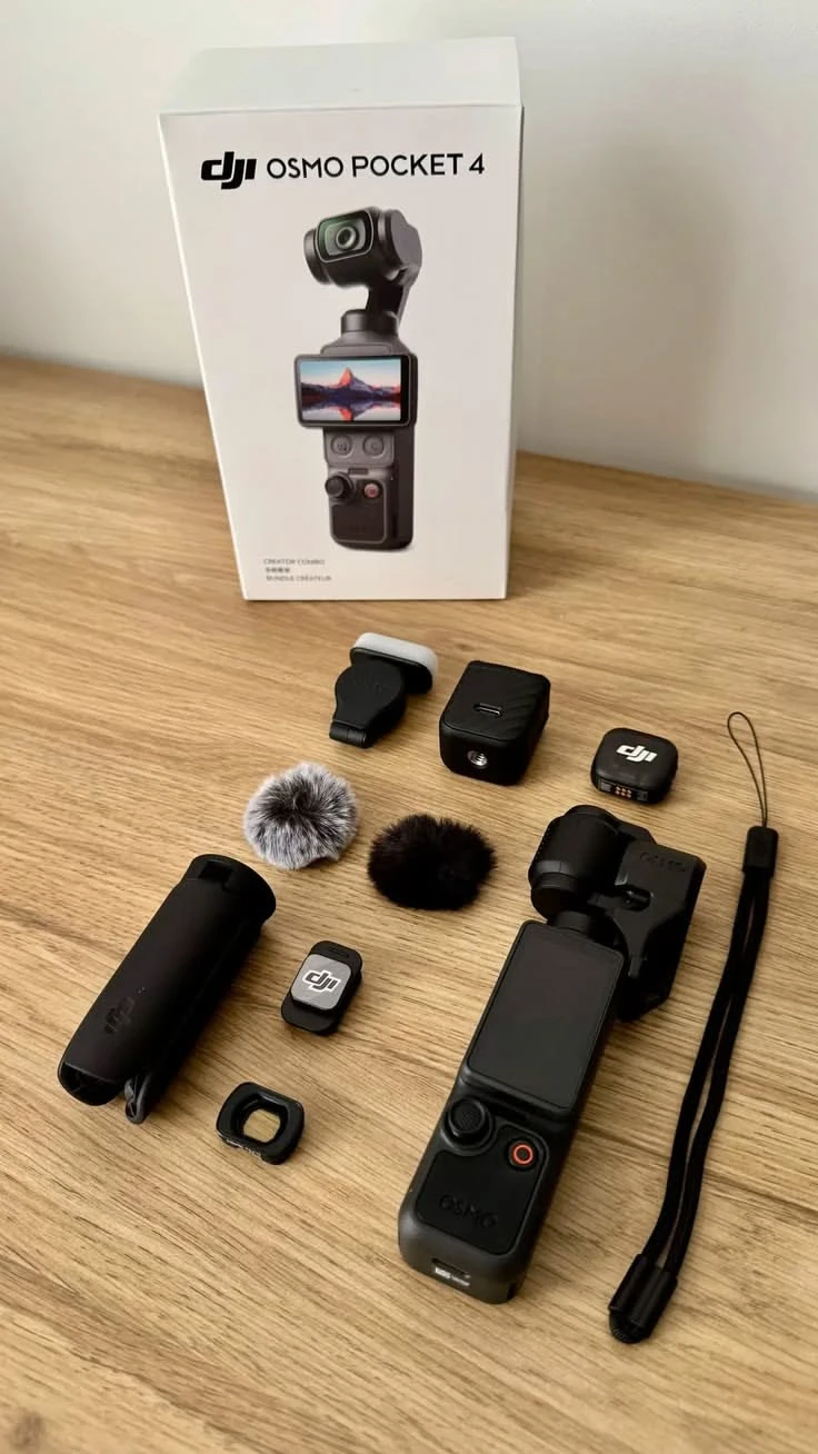 DJI Osmo Pocket 4 Creator Combo accessories including the Mic transmitter and fill light
