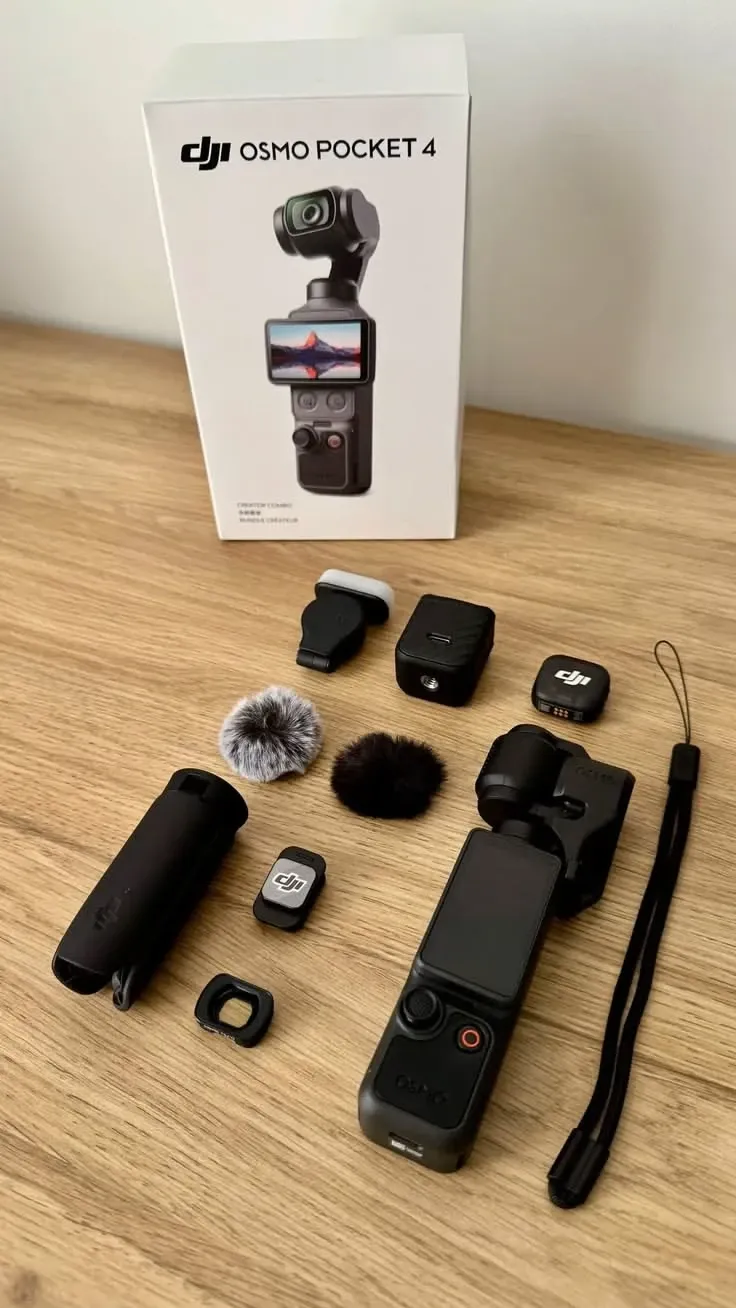 DJI Osmo Pocket 4 Creator Combo box with all accessories laid out on a wooden table