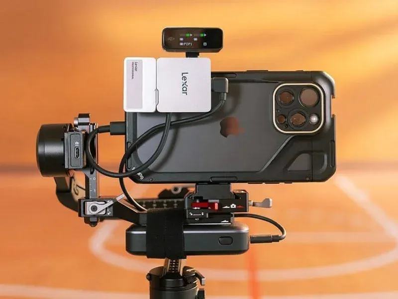 iPhone on rig with two Lexar SSDs and monitor on gimbal mount