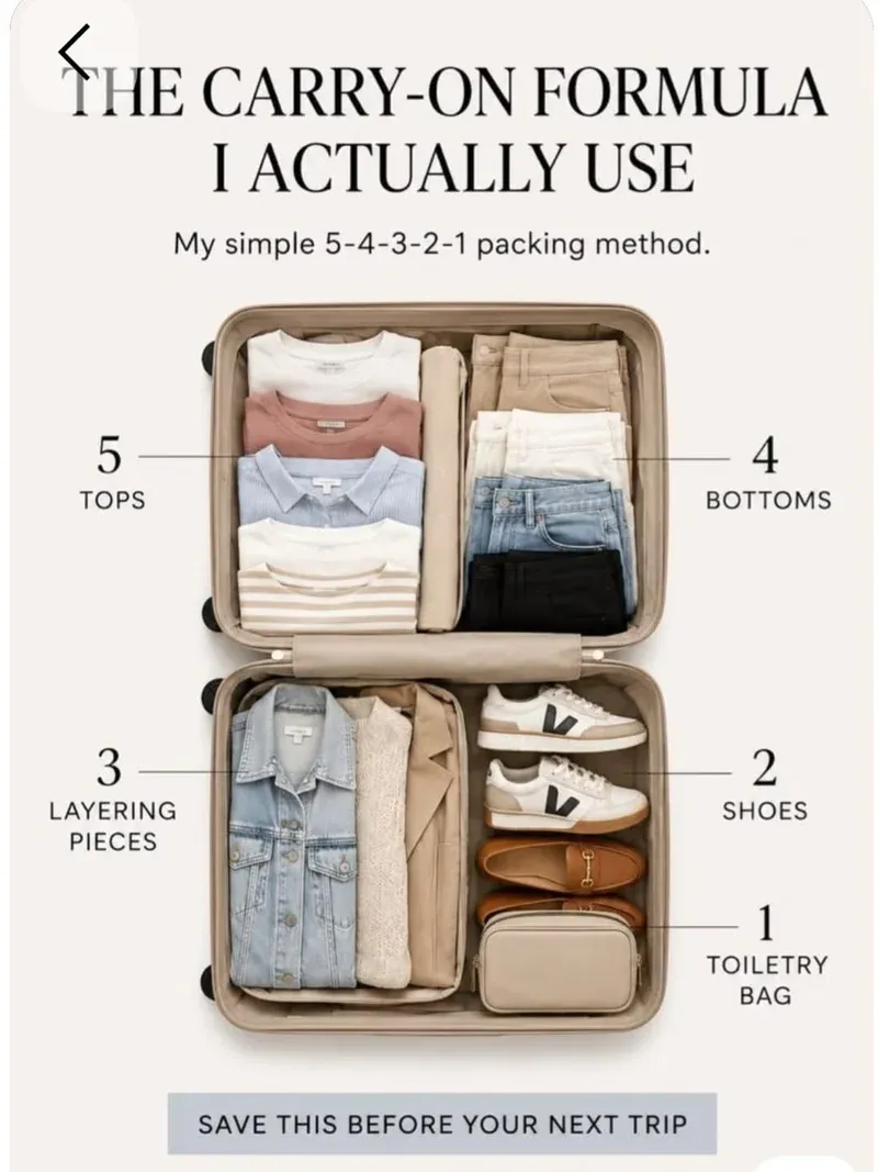 The 5-4-3-2-1 carry-on formula showing all sections labeled
