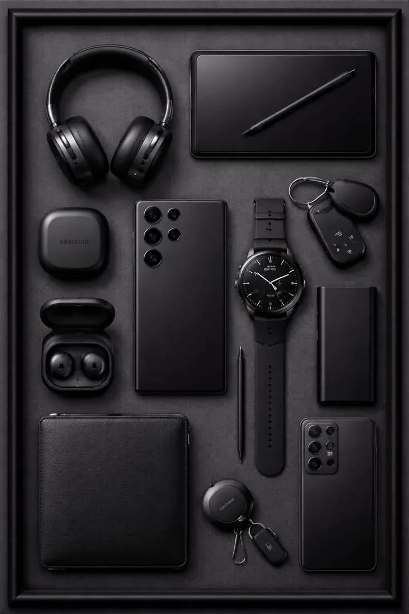 Samsung Galaxy ecosystem flat lay with watch, tablet, phone, buds, and trackers
