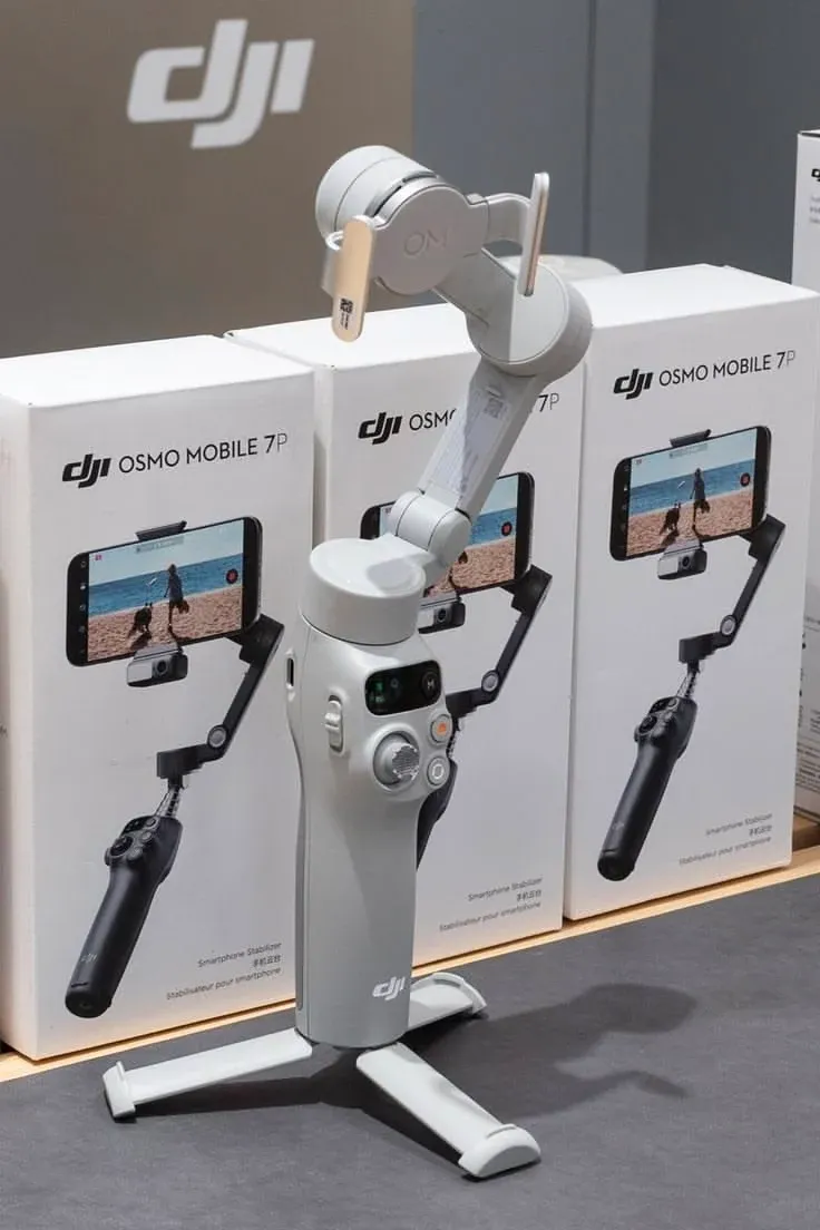 DJI Osmo Mobile 7P smartphone gimbal mounted on its built-in mini tripod