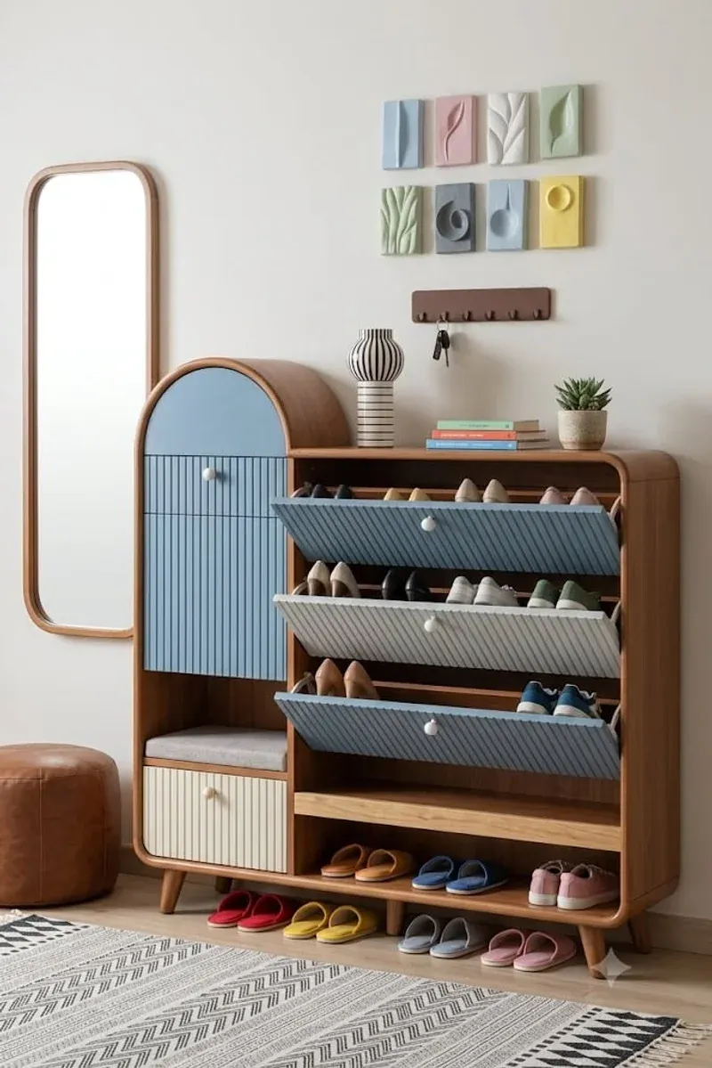 Entryway shoe cabinet showing the tilted shelves and blue accent doors