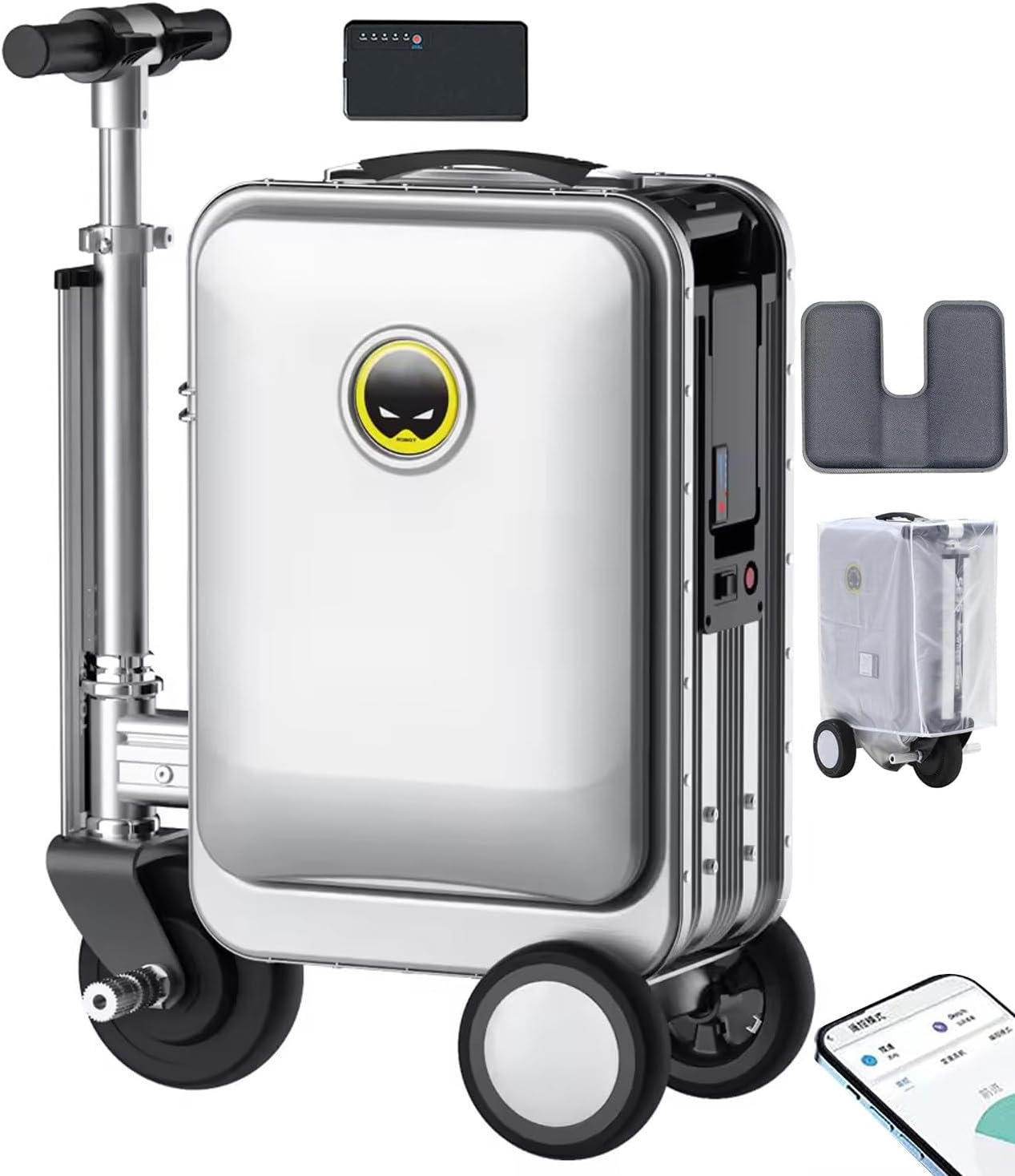 Silver flatpincololee SE3S self-propelled rideable suitcase with seat pad and telescopic handle
