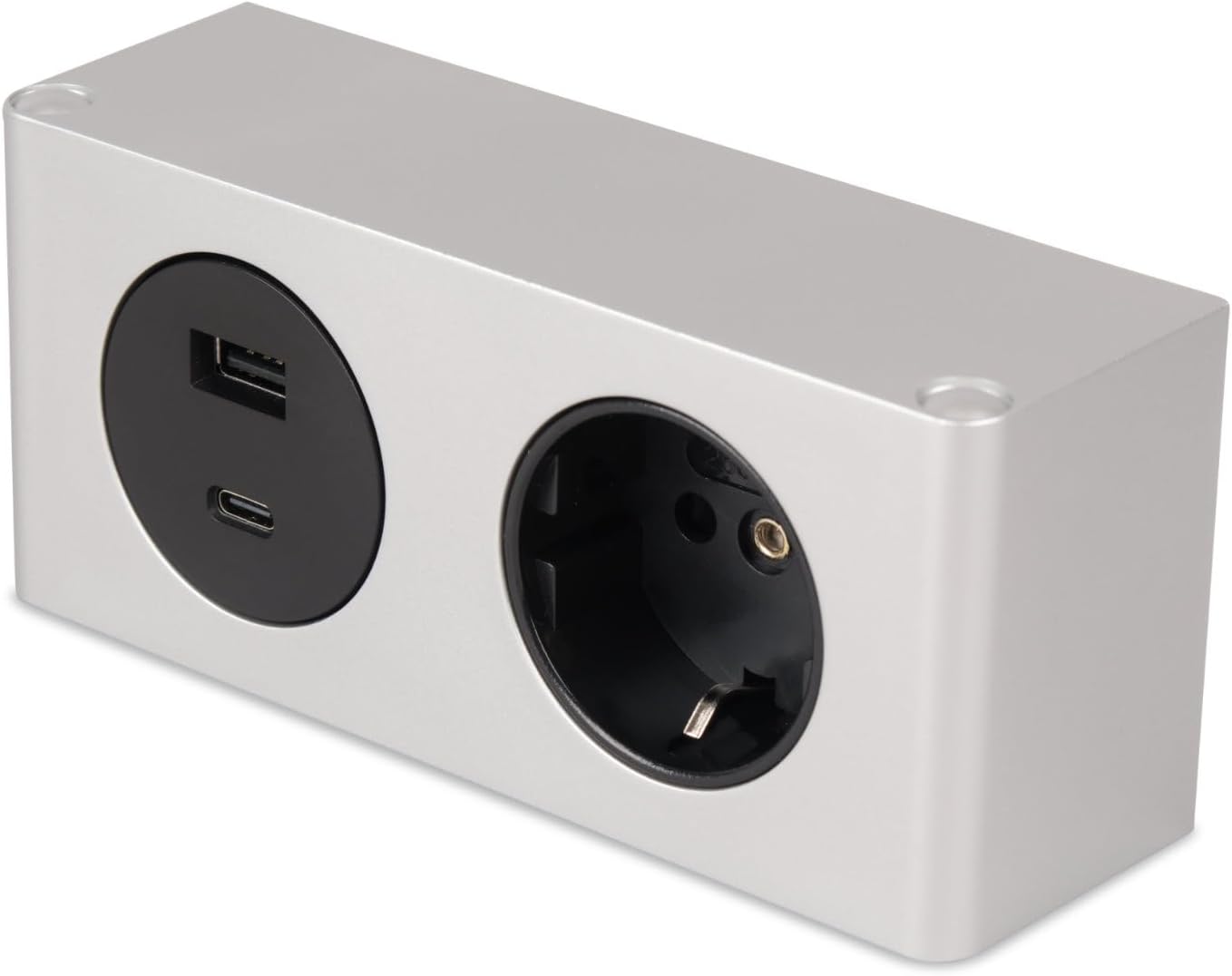 kalb furniture USB power box in silver, under-shelf mount with USB-A and USB-C ports