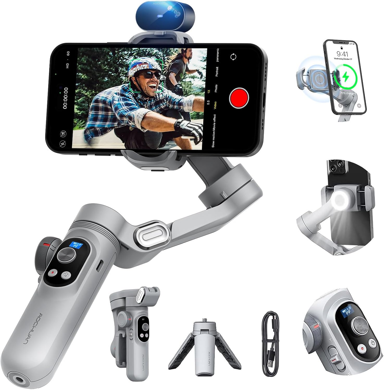 AOCHUAN X Pro AI 3-axis smartphone gimbal with OLED screen and fill light