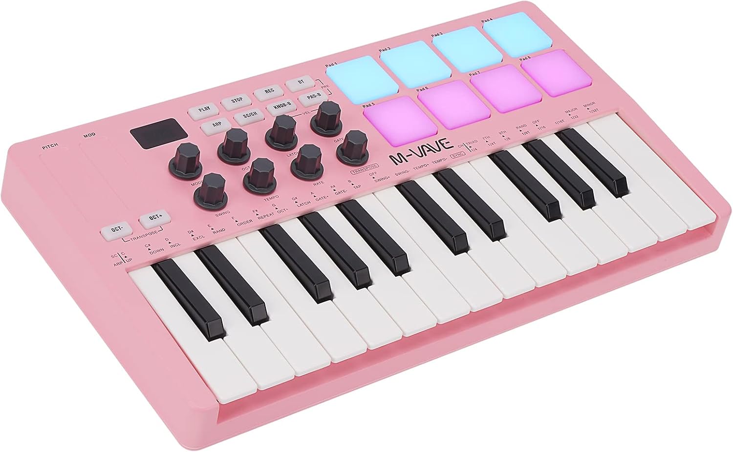 Pink M-VAVE 25 key MIDI keyboard with RGB drum pads from the Amazon listing