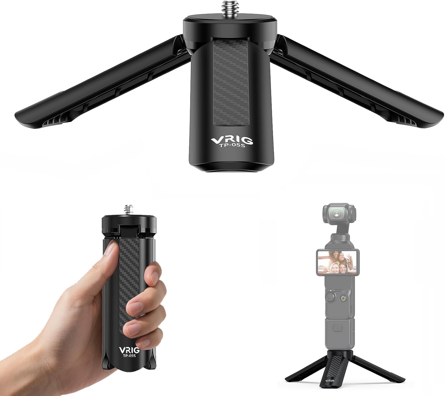 VRIG mini tripod with a 1/4 inch screw holding a compact camera