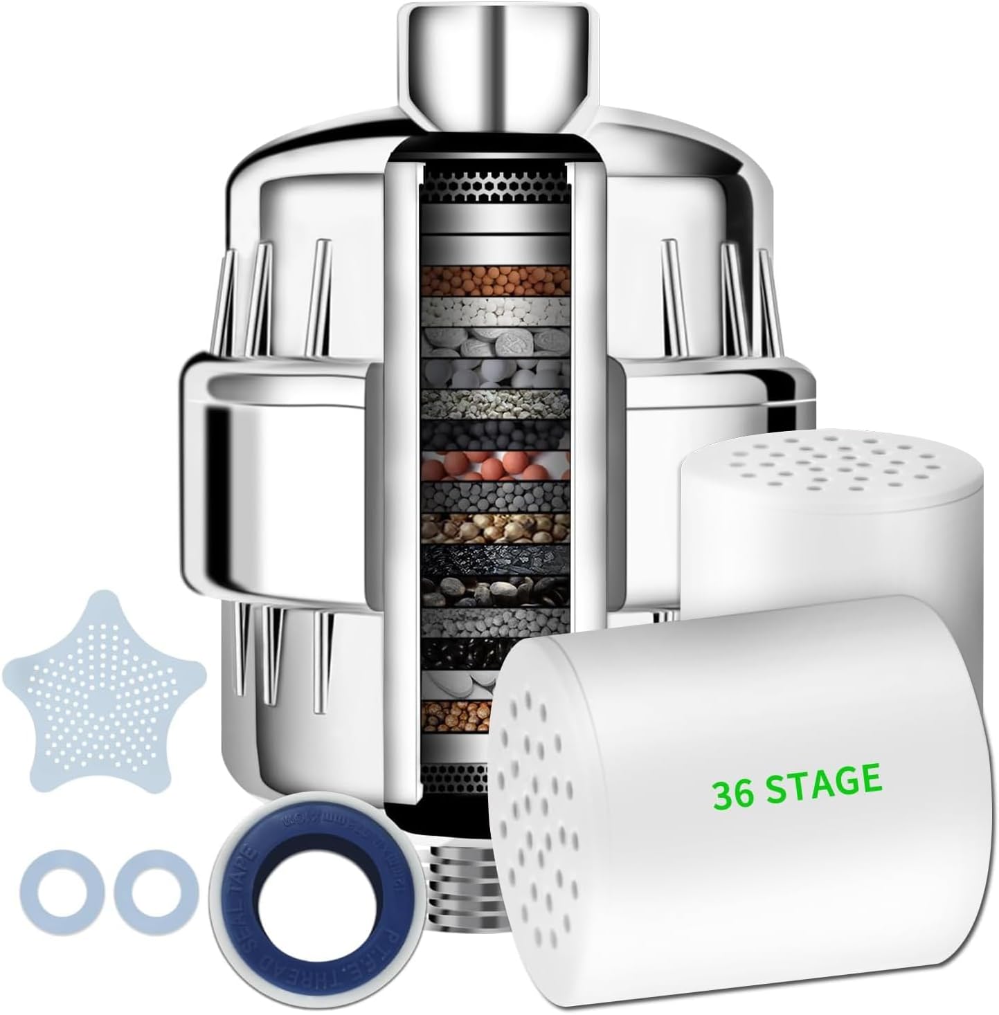 Chrome 36-stage inline shower filter shown cut open with two spare cartridge filters