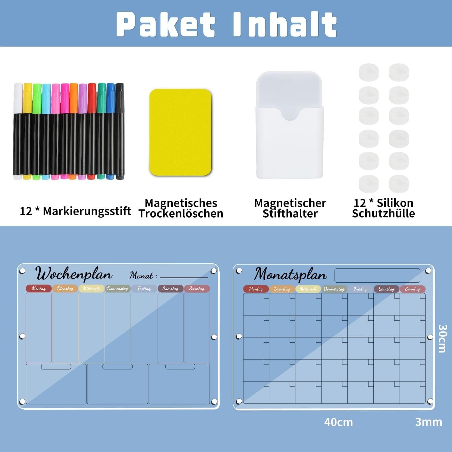 Produktfoto der zwölf Stifte, des magnetischen Radierers und des magnetischen Stifthalters im Set